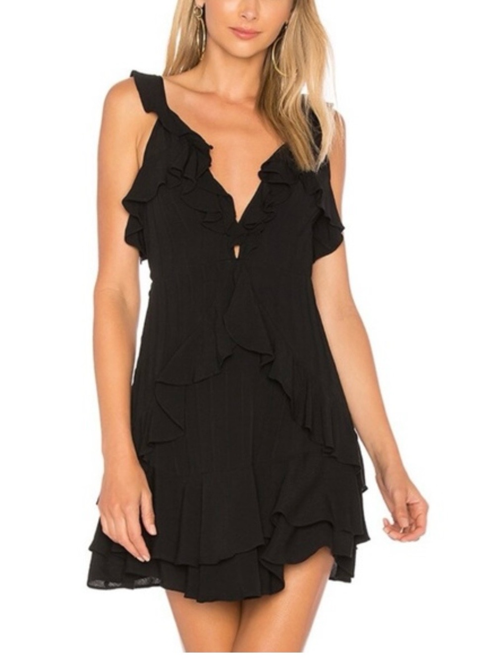 For Love & Lemons Poppy Mini Dress Black Ruffle V-Neck Sleeveless Size M